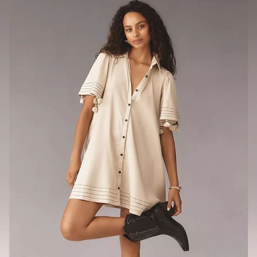 Anthropologie Maeve Collared Linen Button-Front Tassel Mini Dress NWT